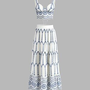 Commense White and Blue Patterned Skirt Set